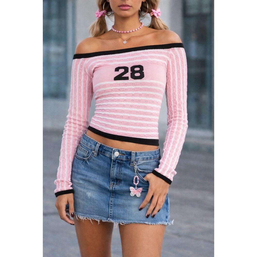 Y2K Barbiecore Pink Striped Knit Crop Sweater Sporty Coquette Top 28 Streetwear
